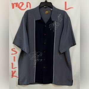 Caribbean 💯% Silk  Navy and Gray Embroidered Shirt
